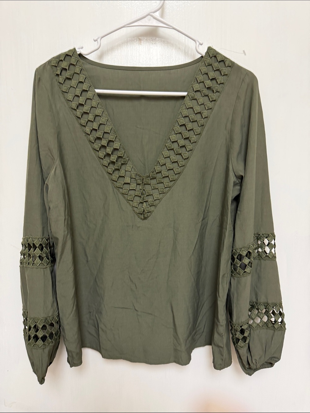 Olive Lattice-Trim V-Neck Women's Top